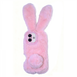Pink Plush Silicone Bunny with Tail Phone Case for iPhone 16 Plus – Soft Furry Cute Protective Cover iPhone 16 Plus cute bunny phone case