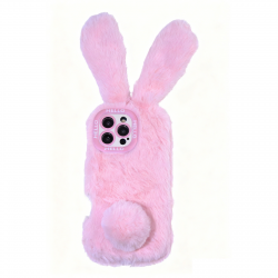 Pink Plush Silicone Bunny with Tail Phone Case for iPhone 16 Pro Max – Soft Furry Cute Protective Cover pink furry smartphone case rabbit