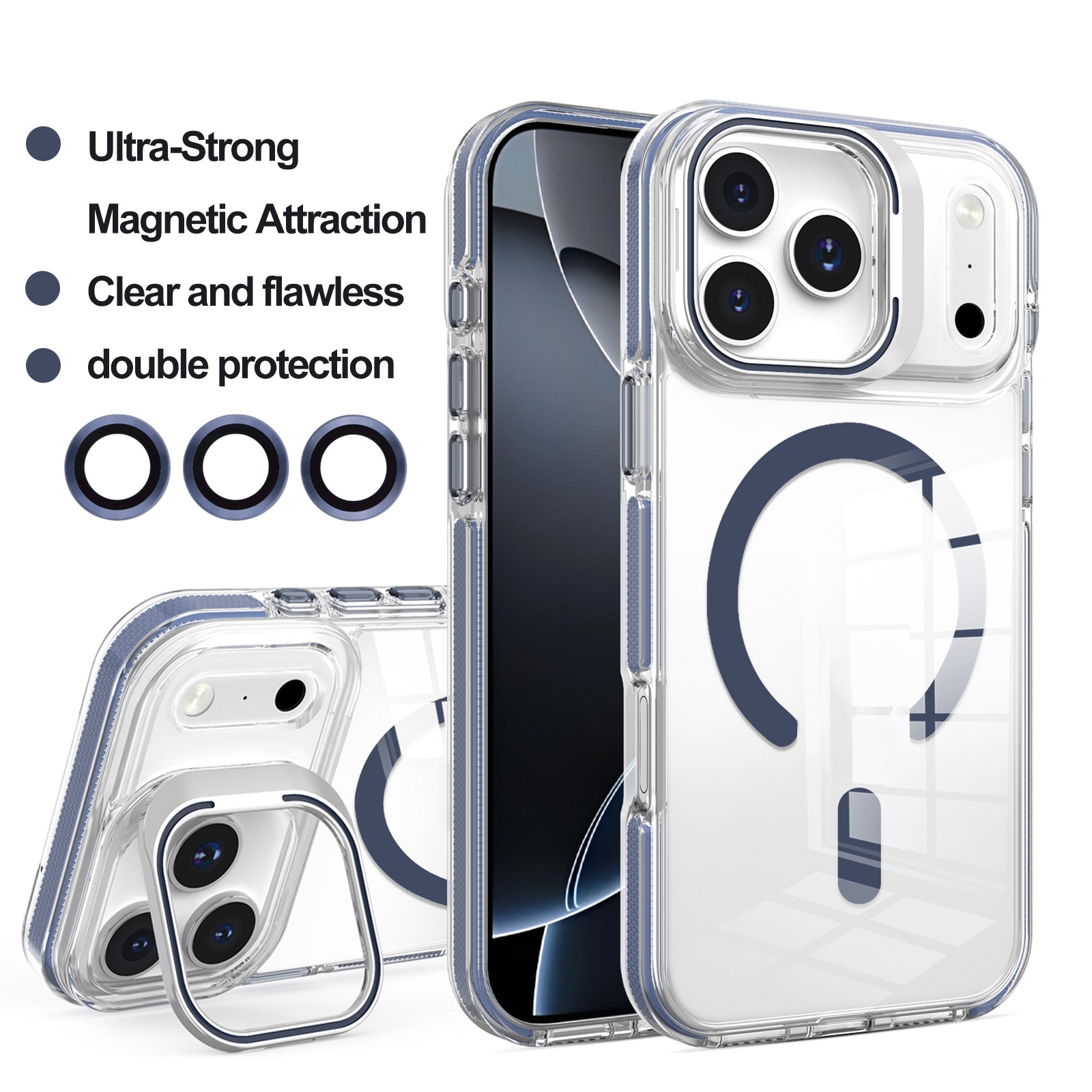 iPhone 17 Pro External Lens Dark Blue Cover Case - Magnetic Attraction & Foldable Stand