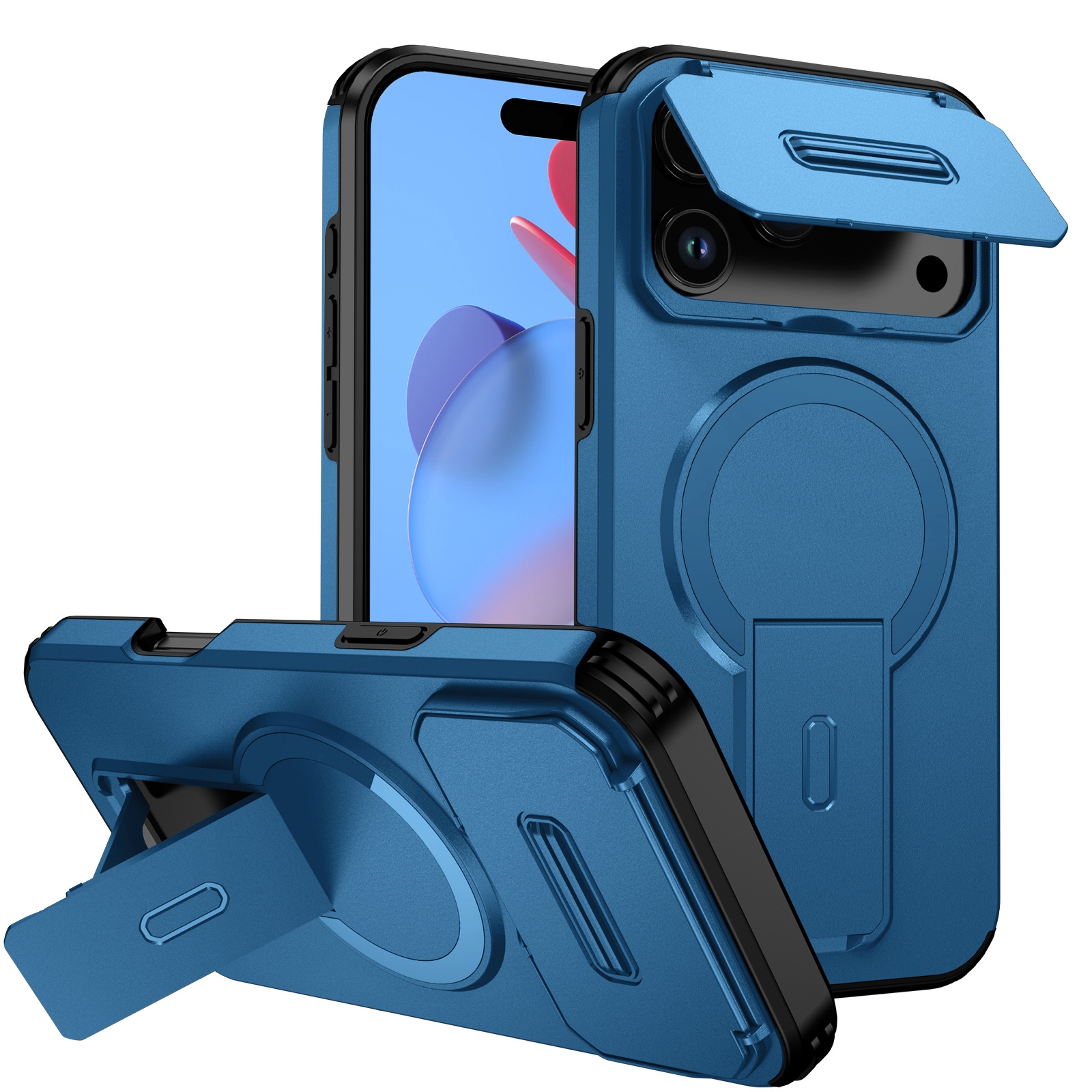 iPhone 17 Pro Max Hidden Kickstand Armor Design Protective Case, Dark Blue