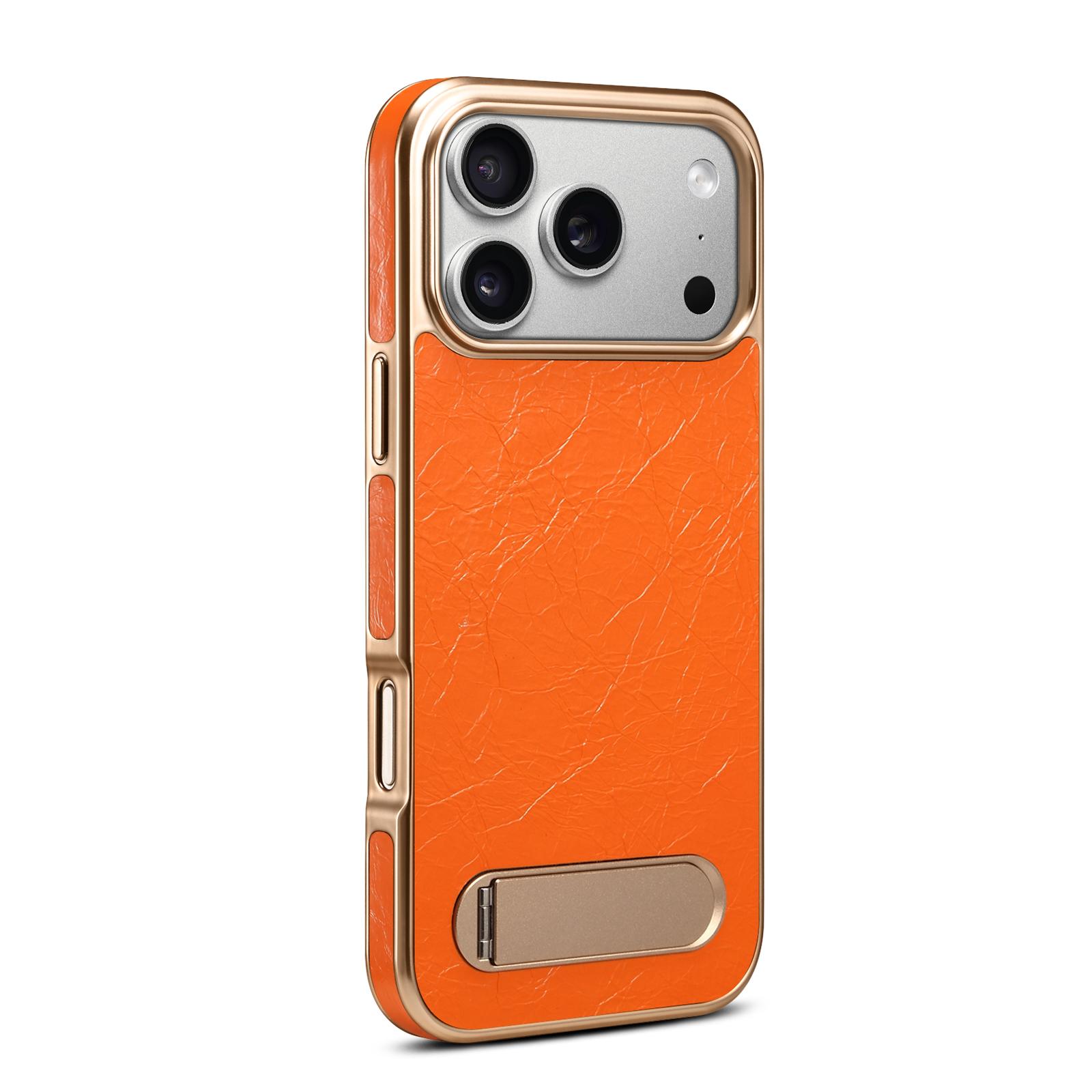 Top-Grain Leather Single-Stand Electroplated Case for iPhone 17 Pro, Orange