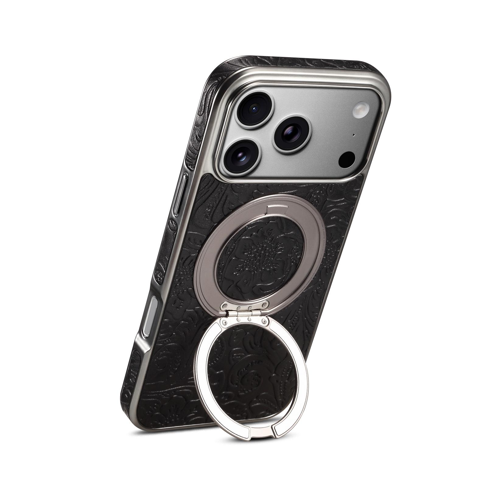 Retro Tang-style Flower 360 Rotating Gear Kickstand Electroplated Case for iPhone 17 Pro, Black