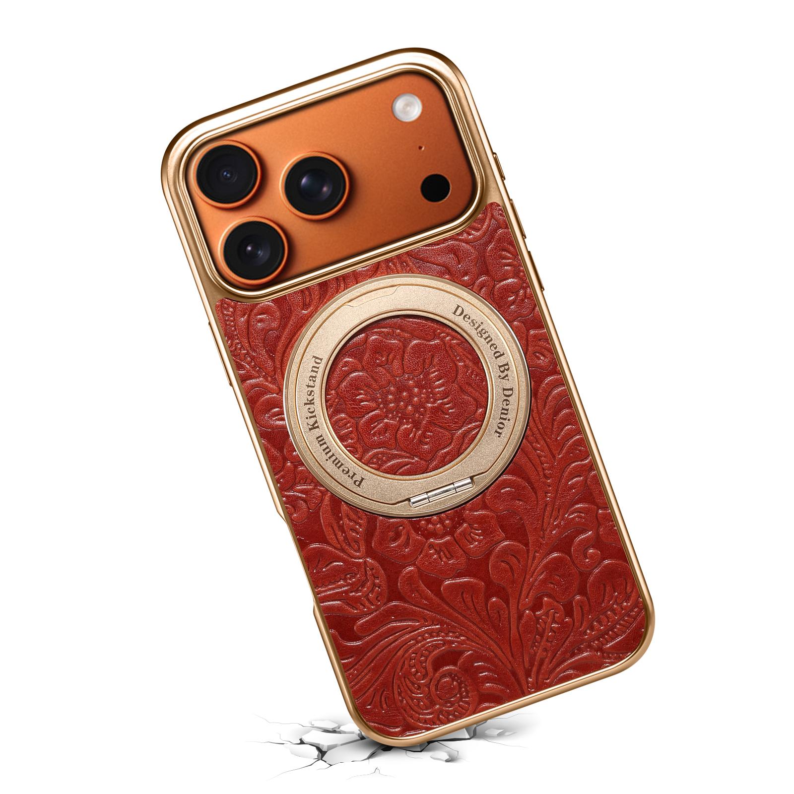 Retro Tang-style Flower 360 Rotating Gear Kickstand Electroplated Case for iPhone 17 Pro, Red