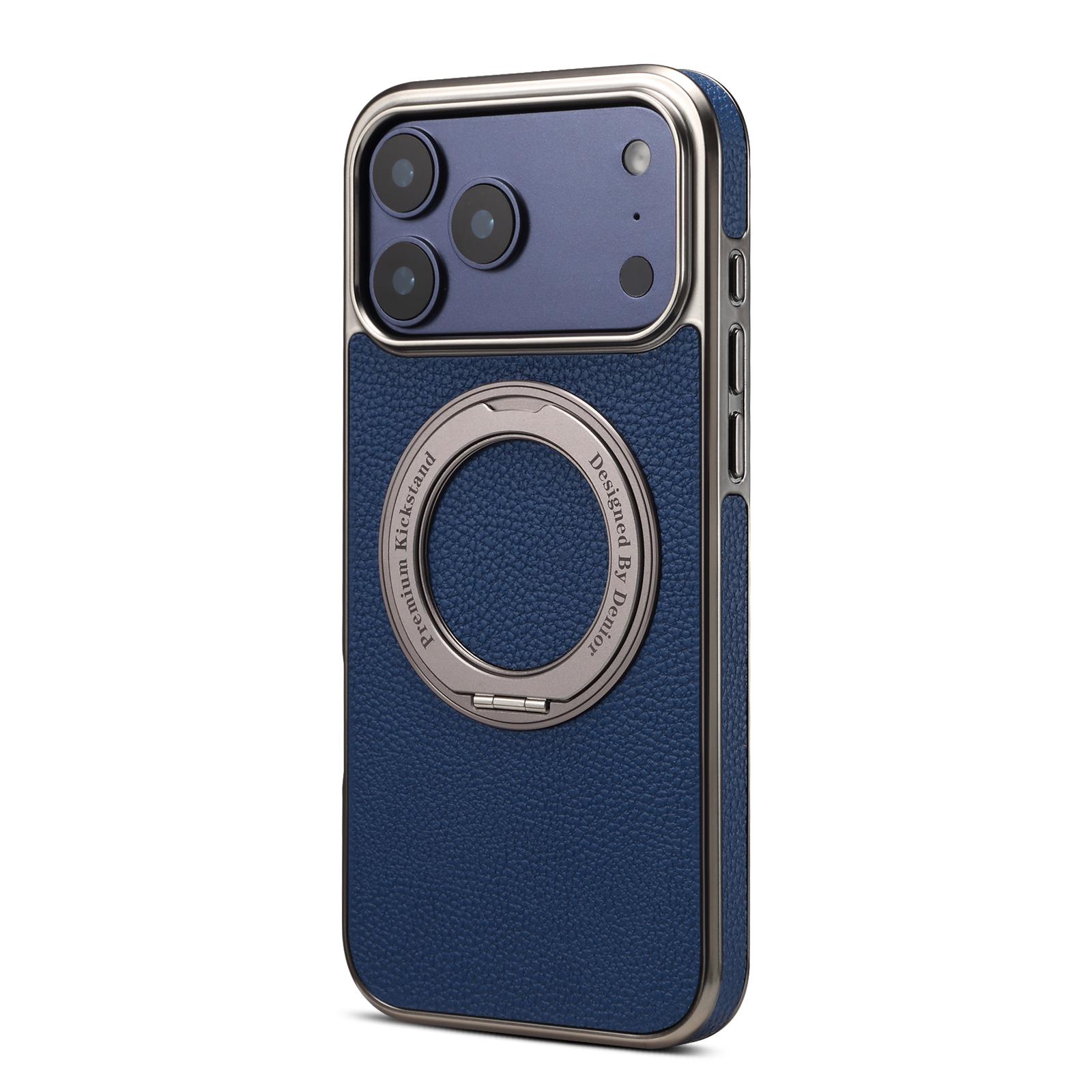 Lychee Texture 360 Rotating Gear Kickstand Electroplated Case for iPhone 17 Pro Max, Blue