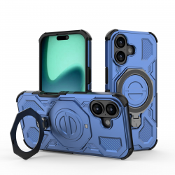  360 Rotation Kickstand Magnetic iPhone 17 Case - Airbag Shockproof Metal Stand, Blue