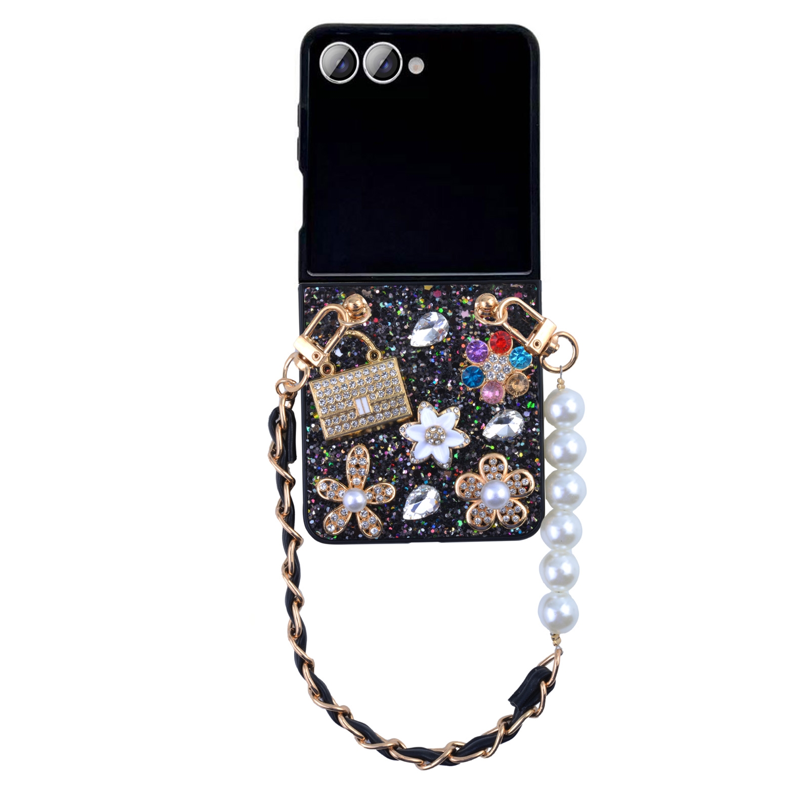 Glitter Rhinestone Case for Z Flip7 with Pearl Leather Chain Strap, Black