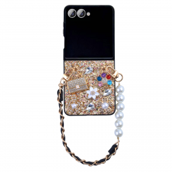 Glitter Rhinestone Case for Z Flip7 with Pearl Leather Chain Strap, Gold Glitter Rhinestone Case for Z Flip7 with Pearl Leather Chain Strap, Gold