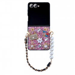 Glitter Rhinestone Case for Z Flip7 with Pearl Leather Chain Strap, Pink Glitter Rhinestone Case for Z Flip7 with Pearl Leather Chain Strap, Pink