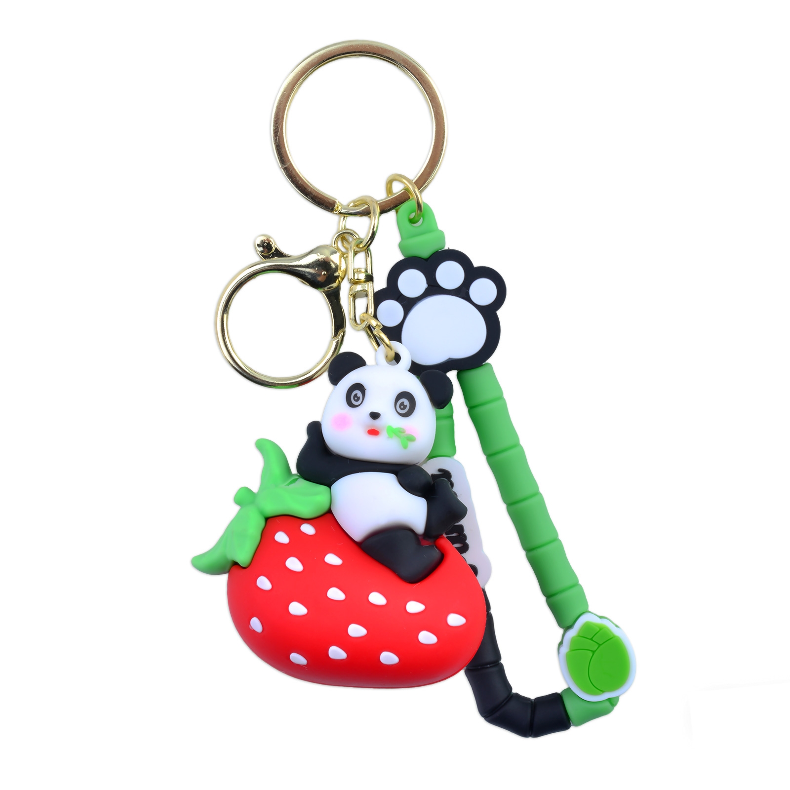 Panda with Strawberry Phone Charm - Silicone Keychain with Cute Panda Design, Red