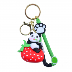 Panda with Strawberry Phone Charm - Silicone Keychain with Cute Panda Design, Red Panda with Strawberry Phone Charm - Silicone Keychain with Cute Panda Design, Red