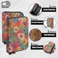  Cork Floral Printed N52 Magnetic RFID Blocking Zipper Card Holder, Green