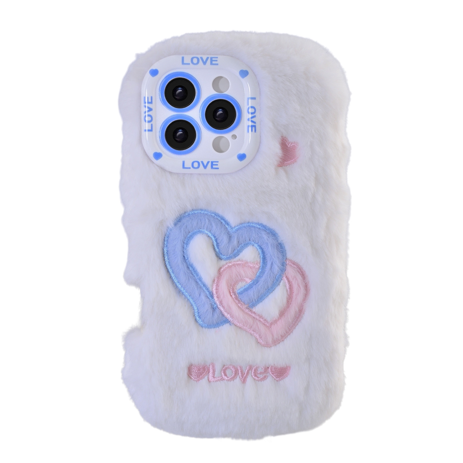 White Plush Silicone Double Heart Phone Case for iPhone 16 Pro – Soft Furry Cute Protective Cover