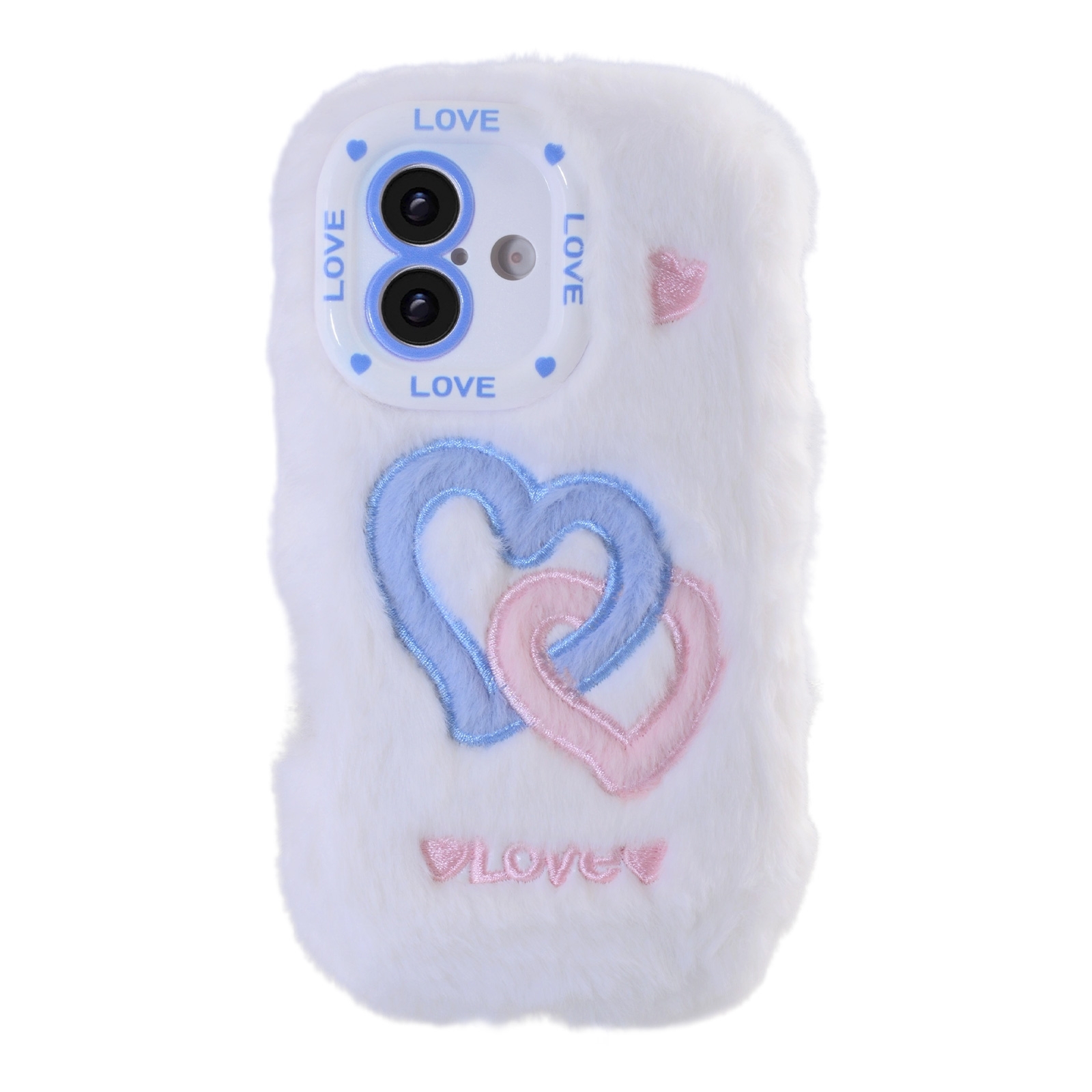 White Plush Silicone Double Heart Phone Case for iPhone 16 – Soft Furry Cute Protective Cover