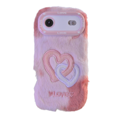  Pink Plush Silicone Double Heart Phone Case for iPhone Air – Soft Furry Cute Protective Cover