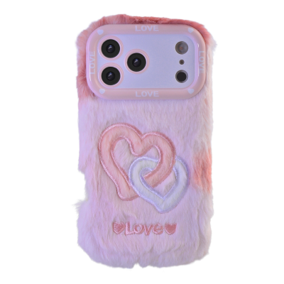  Pink Plush Silicone Double Heart Phone Case for iPhone 17 Pro Max – Soft Furry Cute Protective Cover