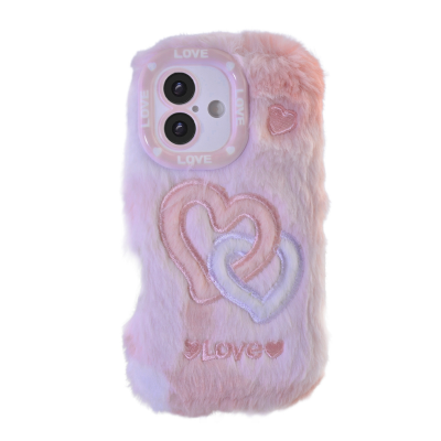  Pink Plush Silicone Double Heart Phone Case for iPhone 17 – Soft Furry Cute Protective Cover