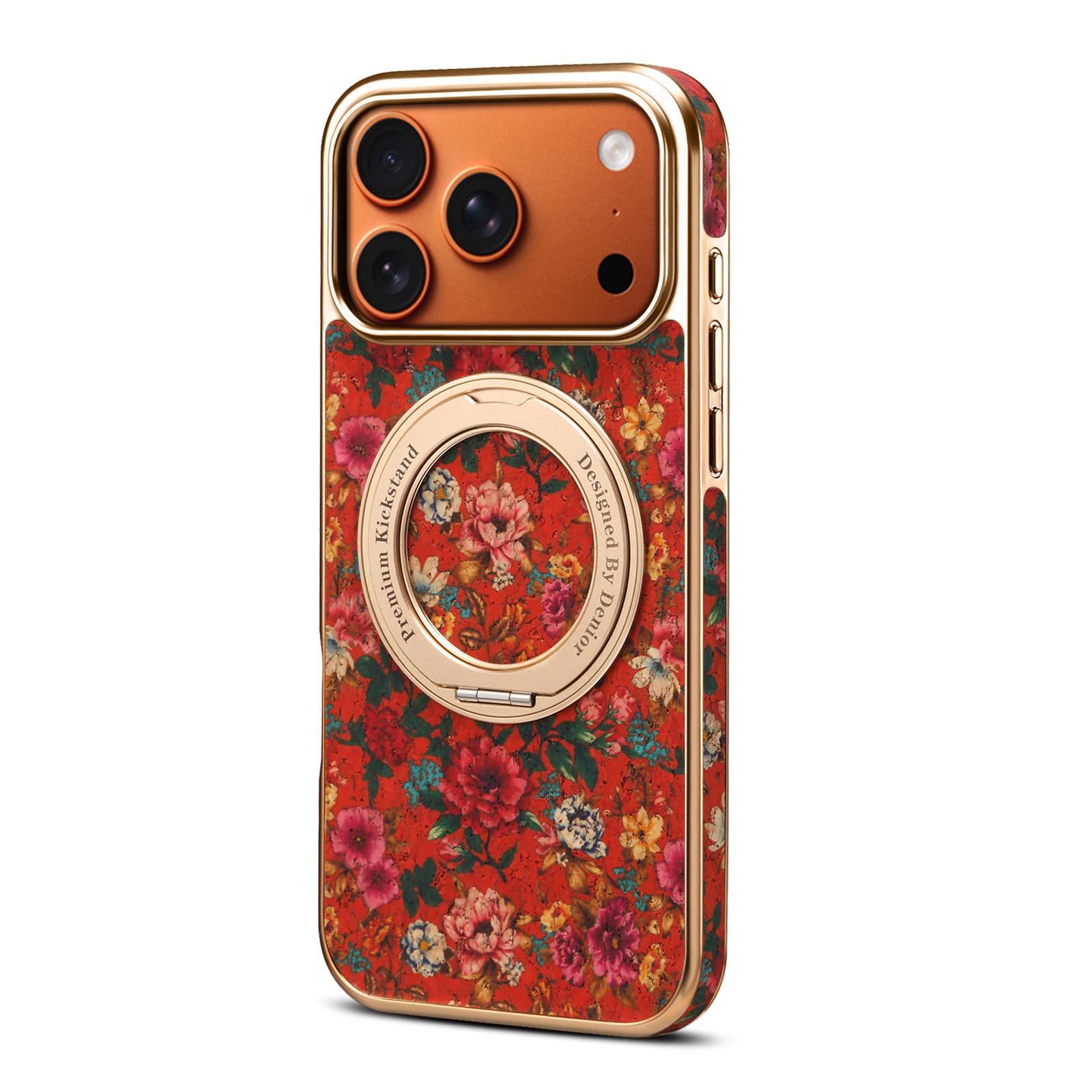 Floral Print Magnetic Gear Rotating Stand Phone Case for iPhone 17 Pro Max, Red