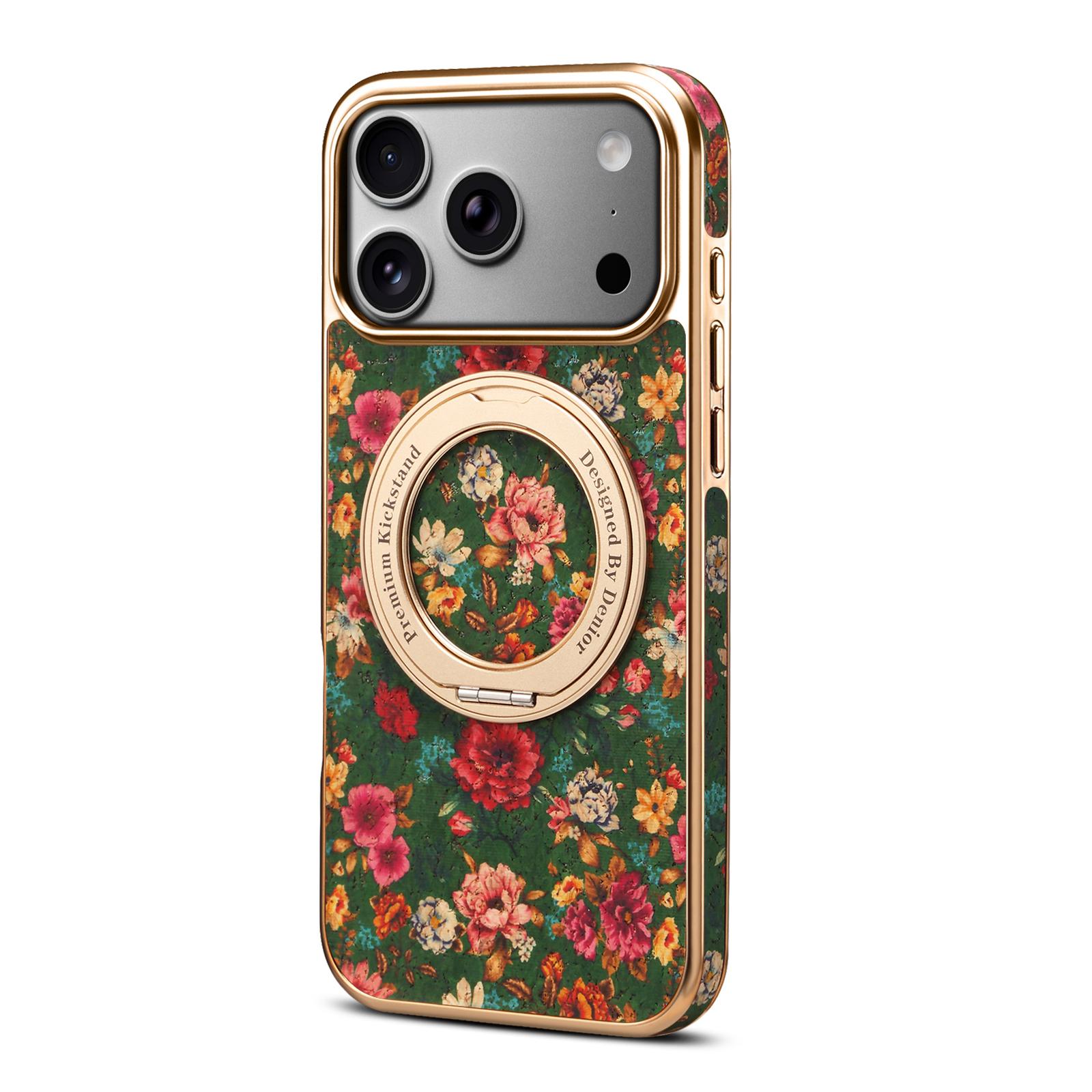 Floral Print Magnetic Gear Rotating Stand Phone Case for iPhone 17 Pro Max, Green