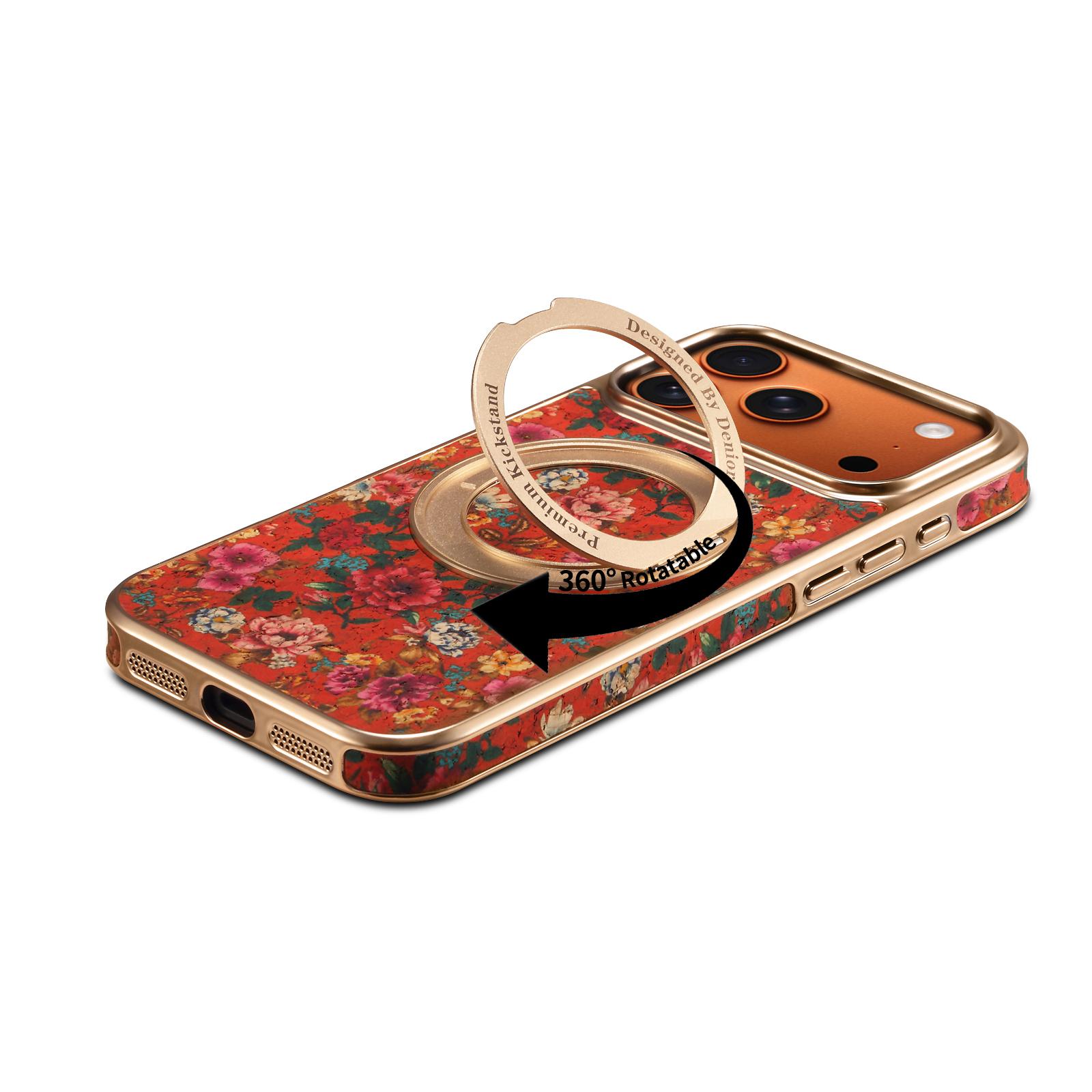 Floral Print Magnetic Gear Rotating Stand Phone Case for iPhone 17 Pro, Red