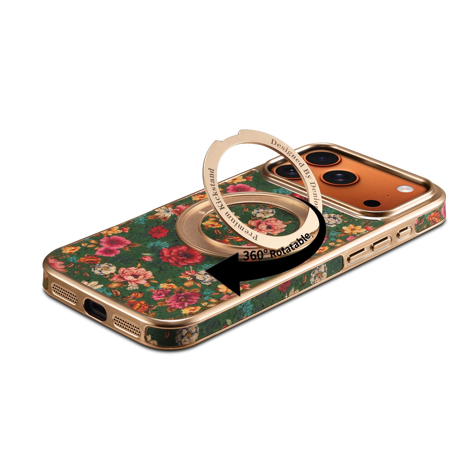 Floral Print Magnetic Gear Rotating Stand Phone Case for iPhone 17 Pro, Green