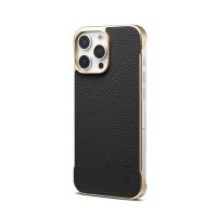  Lychee Pattern Genuine Cowhide Leather Frameless Magnetic Case for iPhone 16 Pro Max, Black