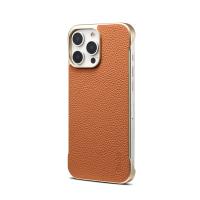  Lychee Pattern Genuine Cowhide Leather Frameless Magnetic Case for iPhone 16 Pro Max, Brown