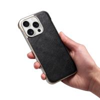  Calf Pattern Genuine Cowhide Leather Frameless Magnetic Case for iPhone 16 Pro, Black