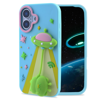  Cute 3D Alien UFO Space Silicone Case for iPhone 16, Blue
