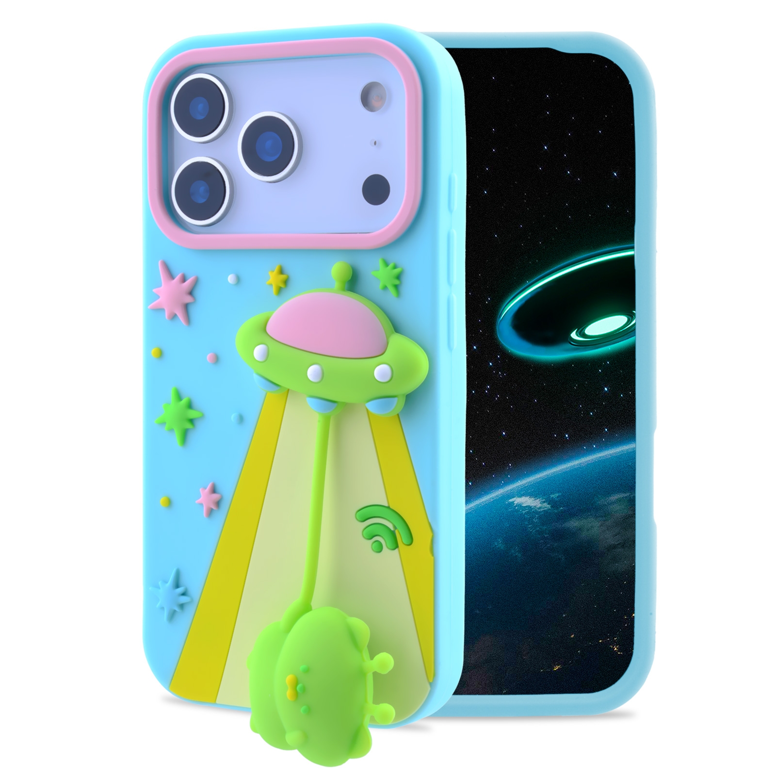 Cute 3D Alien UFO Space Silicone Case for iPhone 17 Pro, Blue