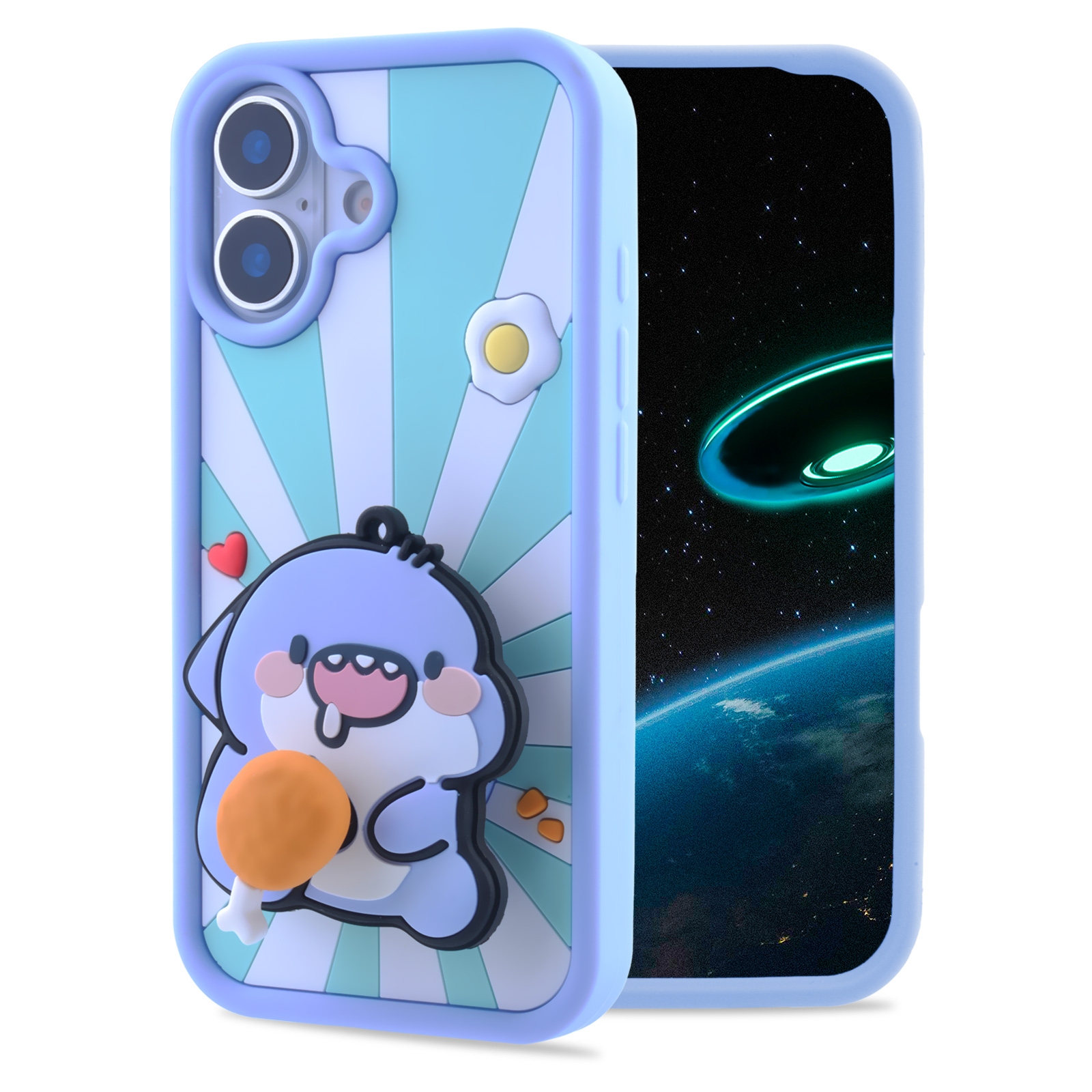 3D Fat Shark with Chicken Drumstick for iPhone 17 - Soft Silicone cover with Rotatable Kickstand, Light Blue
