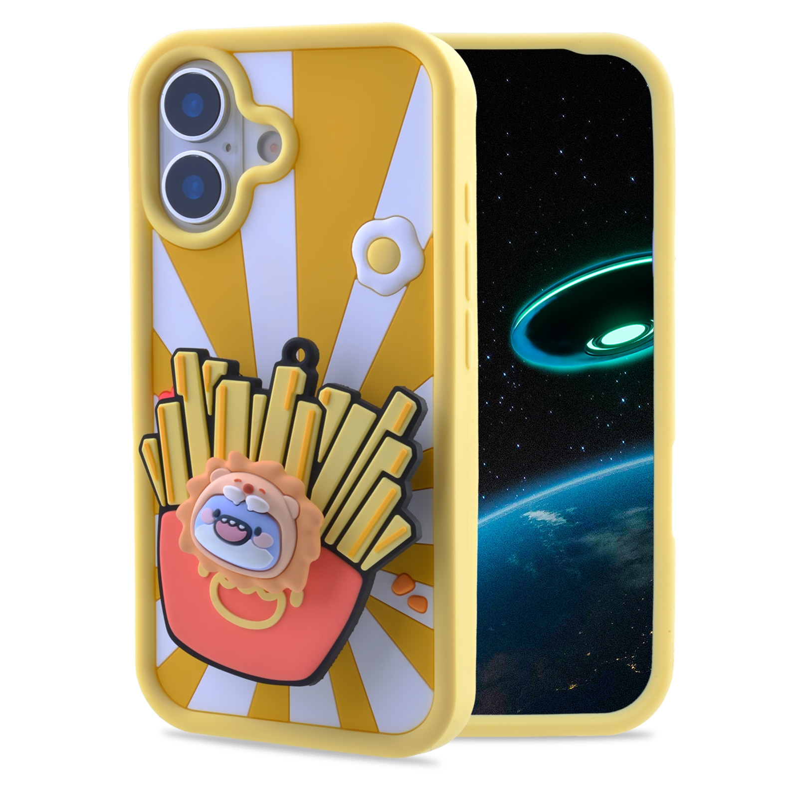 3D Fat Shark with French Fries for iPhone 17 - Soft Silicone cover with Rotatable Kickstand, Yellow