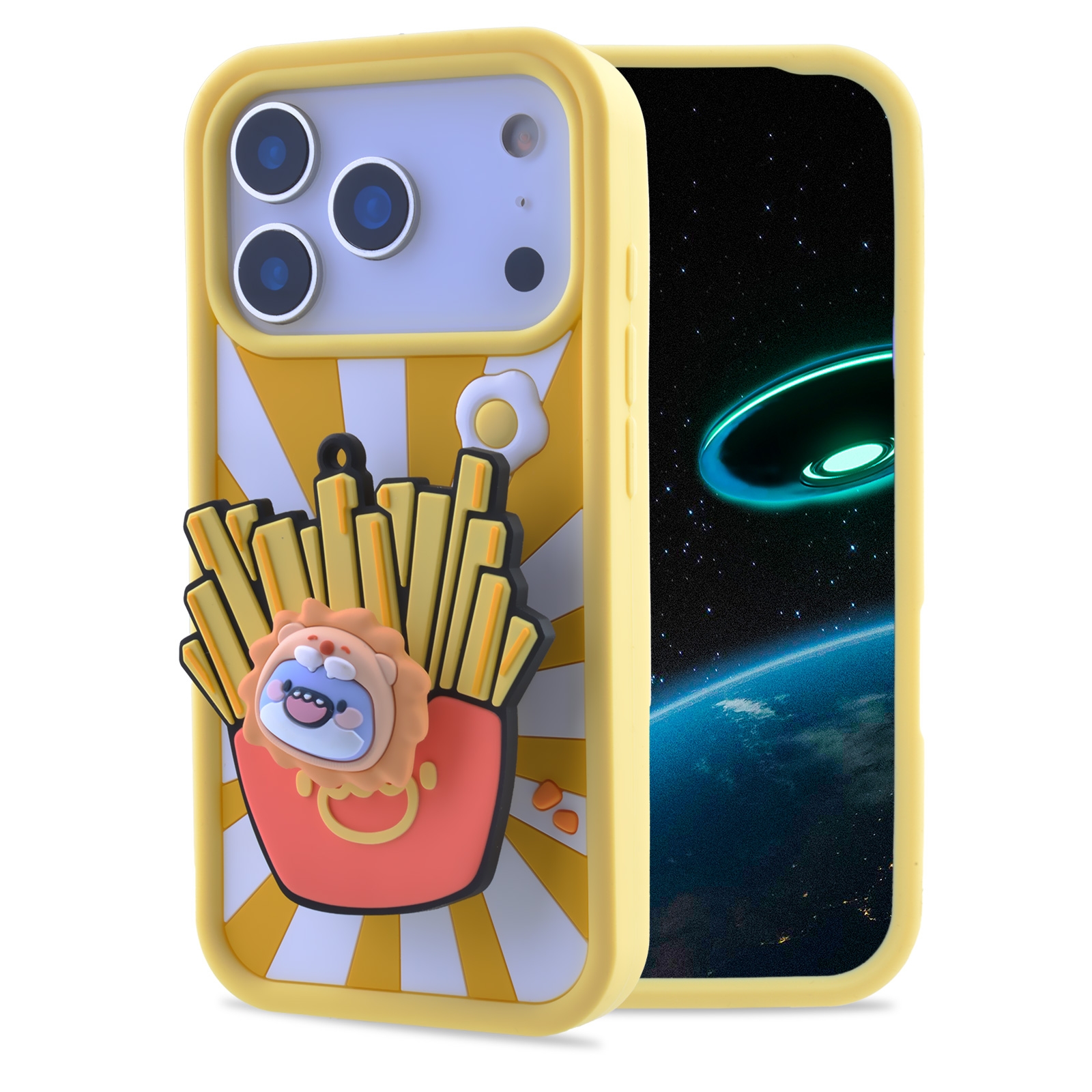 3D Fat Shark with French Fries for iPhone 17 Pro Max - Soft Silicone cover with Rotatable Kickstand, Yellow