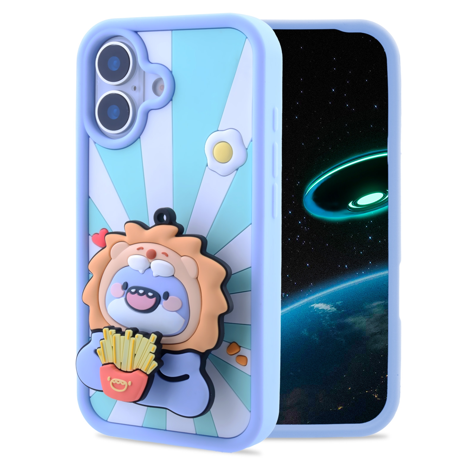 3D Fat Shark with Lion Hat Case for iPhone 17 - Soft Silicone cover with Rotatable Kickstand, Light Blue