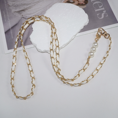  Chic Vegan Leather Woven Chain and Faux Pearl Crossbody Phone Lanyard, White