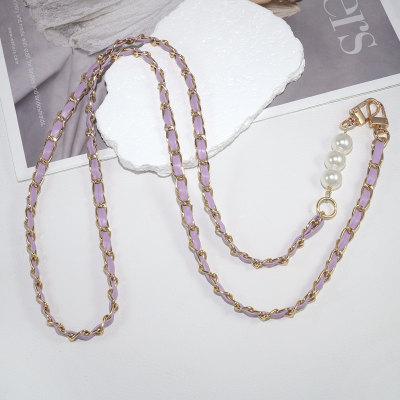  Chic Vegan Leather Woven Chain and Faux Pearl Crossbody Phone Lanyard, Purple
