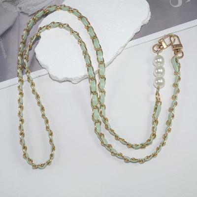 Chic Vegan Leather Woven Chain and Faux Pearl Crossbody Phone Lanyard, Light Green