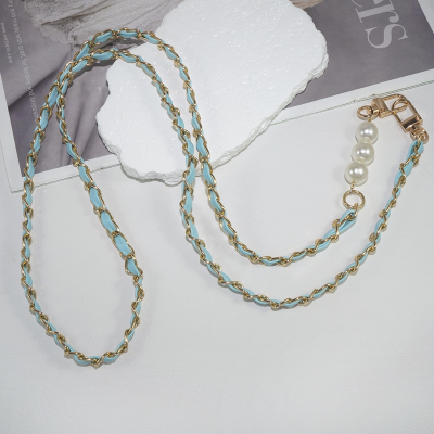  Chic Vegan Leather Woven Chain and Faux Pearl Crossbody Phone Lanyard, Light Blue