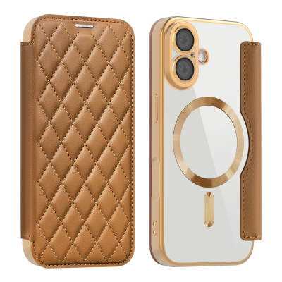  Quilted Diamond Pattern PU Case for iPhone 17 Case, Brown