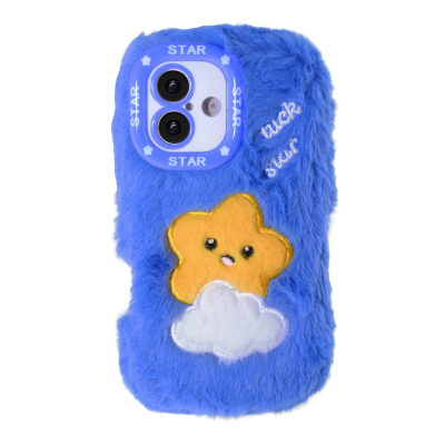  Blue Cloud Star Plush Silicone Phone Case for iPhone 16 – Soft Cute Protective Cover