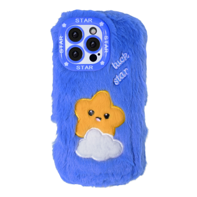  Blue Cloud Star Plush Silicone Phone Case for iPhone 16 Pro – Soft Cute Protective Cover