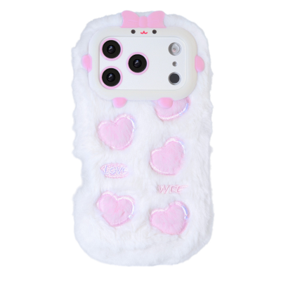  White Plush Silicone Phone Case with Five Hearts for iPhone 17 Pro – Soft Cute Protective Cover