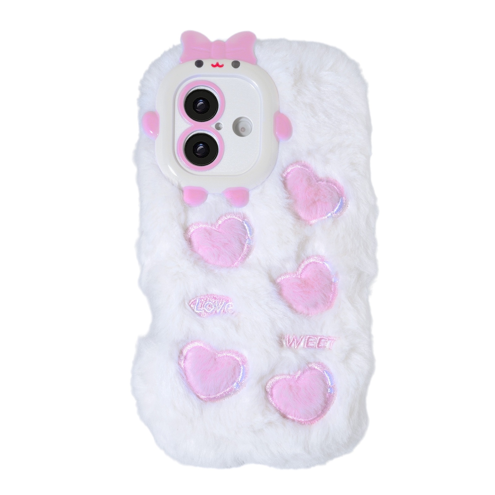 White Plush Silicone Phone Case with Five Hearts for iPhone 16 Plus – Soft Cute Protective Cover