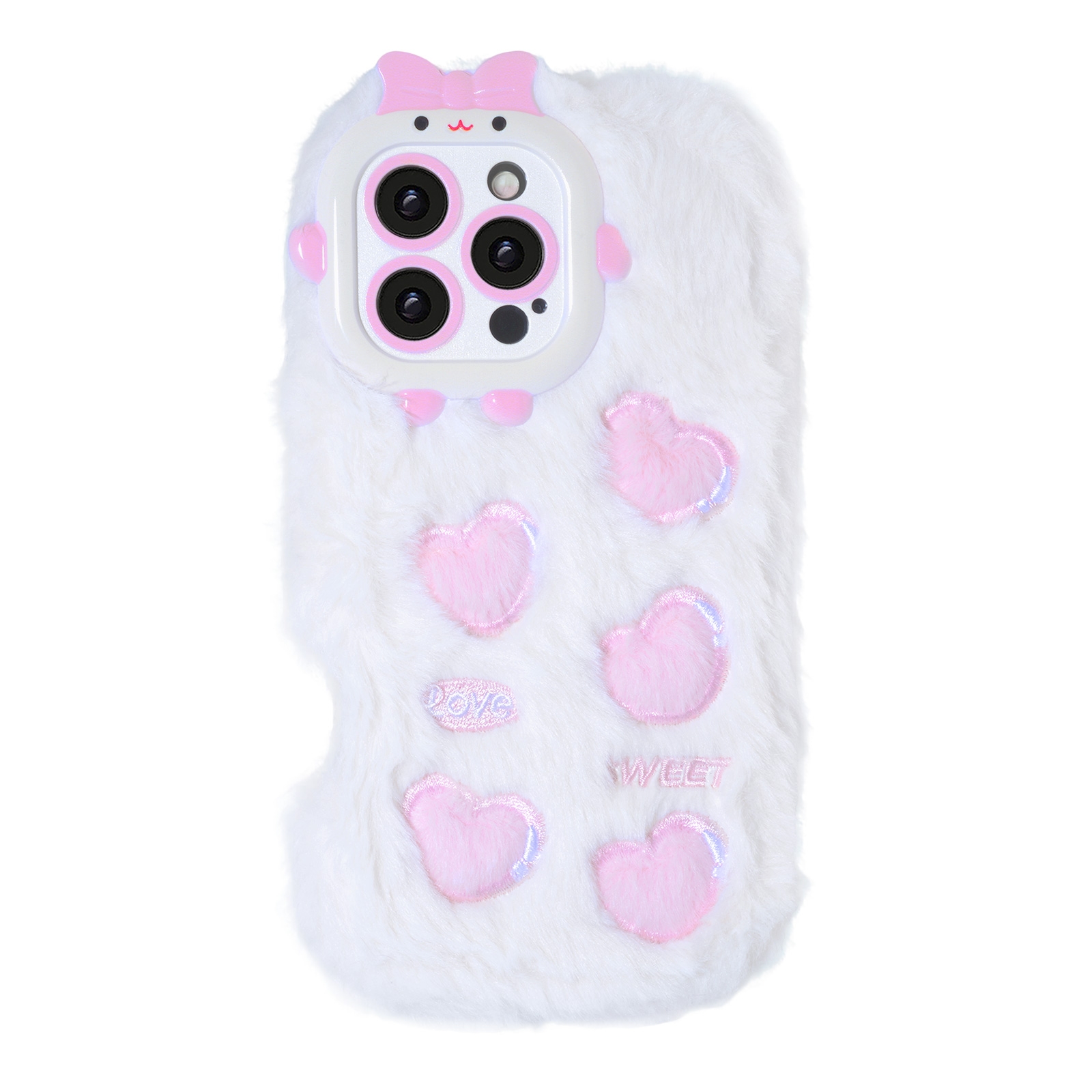 White Plush Silicone Phone Case with Five Hearts for iPhone 16 Pro Max – Soft Cute Protective Cover