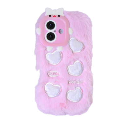  Pink Plush Silicone Phone Case with Five Hearts for iPhone 16 Plus – Soft Furry Cute Protective Cover