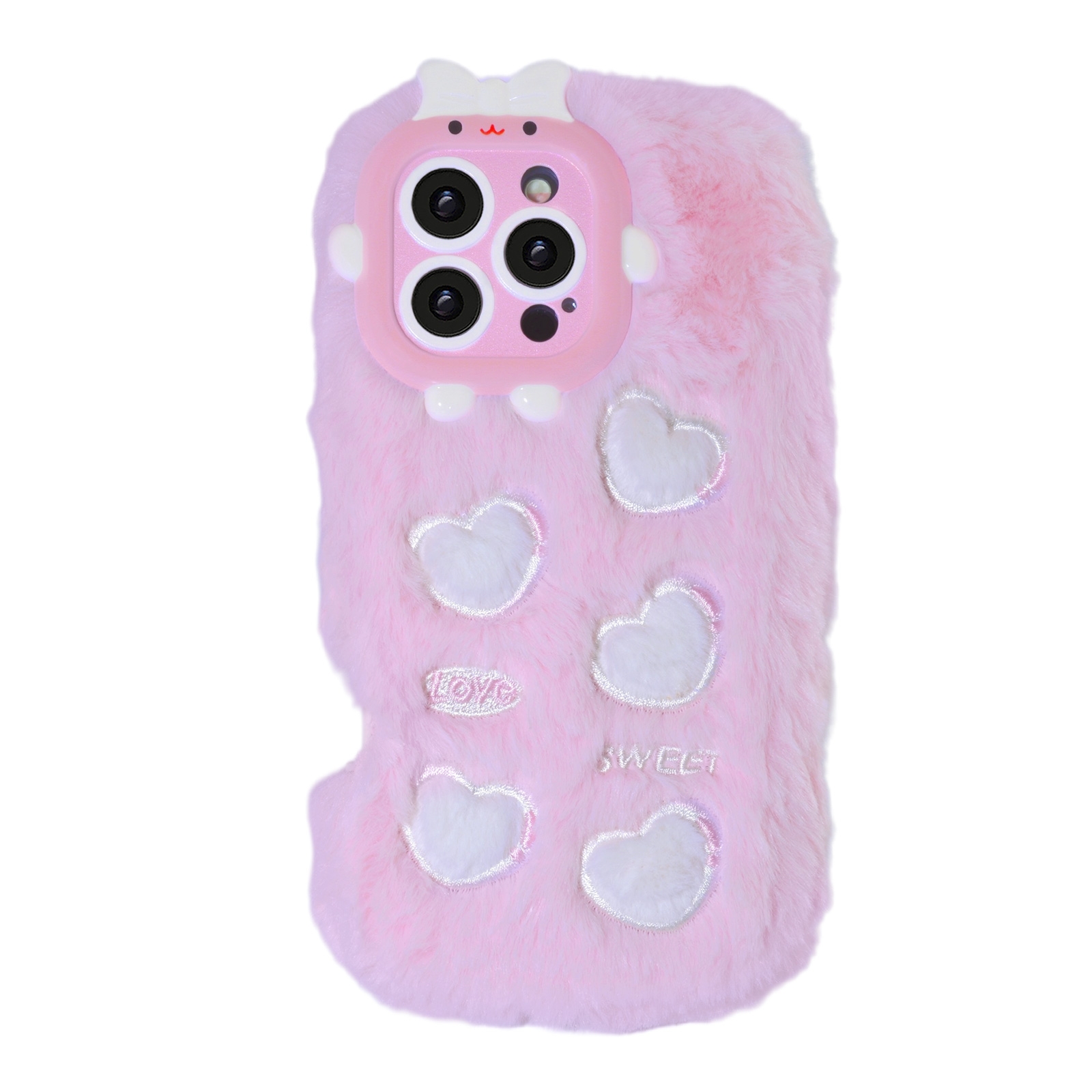 Pink Plush Silicone Phone Case with Five Hearts for iPhone 16 Pro – Soft Furry Cute Protective Cover