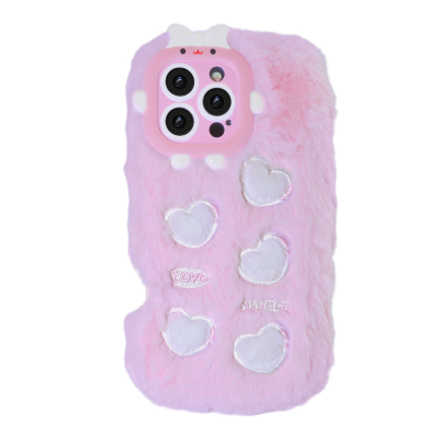  Pink Plush Silicone Phone Case with Five Hearts for iPhone 16 Pro – Soft Furry Cute Protective Cover