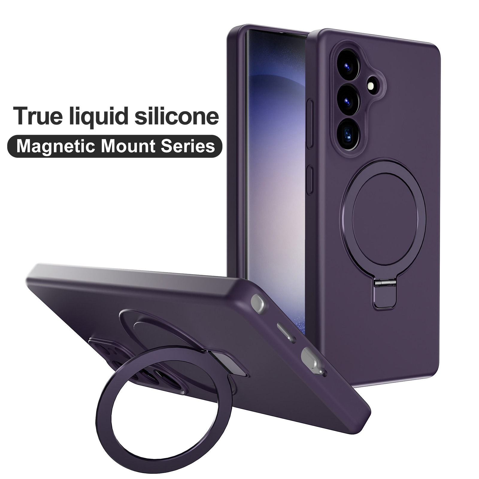 Silicone Magnetic Phone Case for S26 with Foldable Ring Stand, Dark Purple
