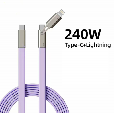 240W 2-in-1 Charging Cable for iPhone and USB-C Devices - 1.2m Silicone Data Cable, Purple 240W 2-in-1 Charging Cable for iPhone and USB-C Devices - 1.2m Silicone Data Cable, Purple