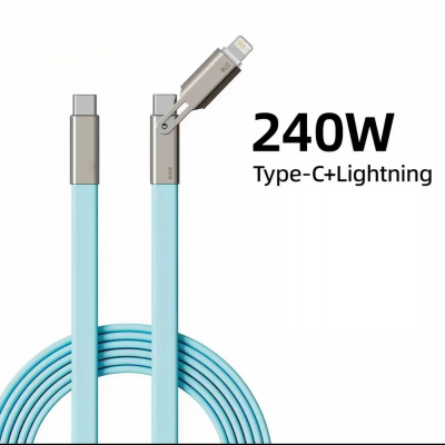 240W 2-in-1 Charging Cable for iPhone and USB-C Devices - 1.2m Silicone Data Cable, Light Blue