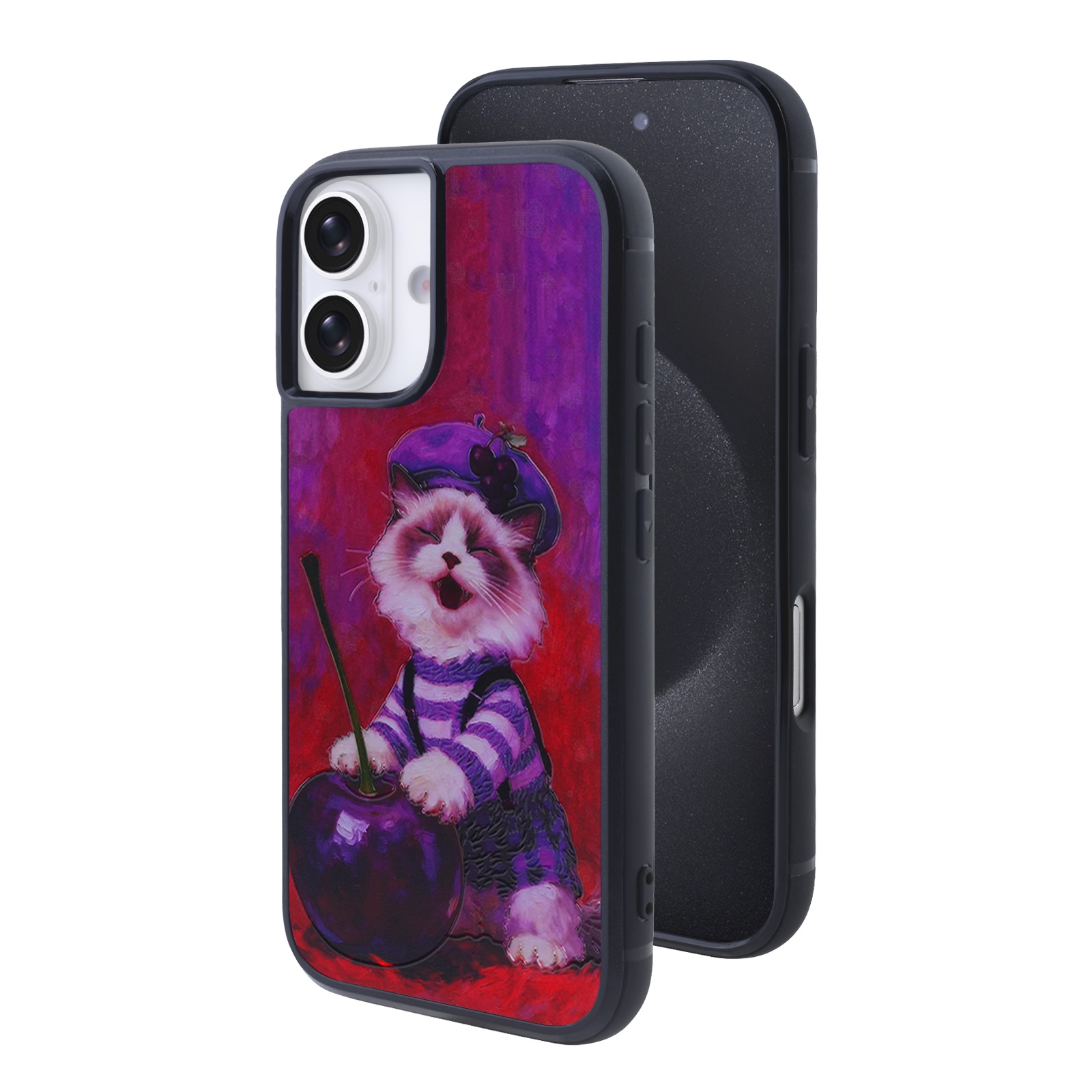 Cute Cherry Cat Phone Case for iPhone 17 - Vintage Oil Painting Art Print Design, Purple